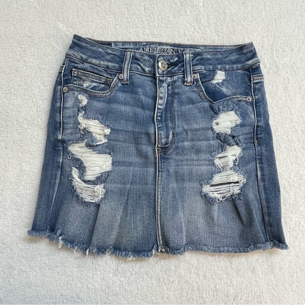 American Eagle Outfitters Distressed Blue Denim Skirt Holes NE(X)T LEVEL STRETCH